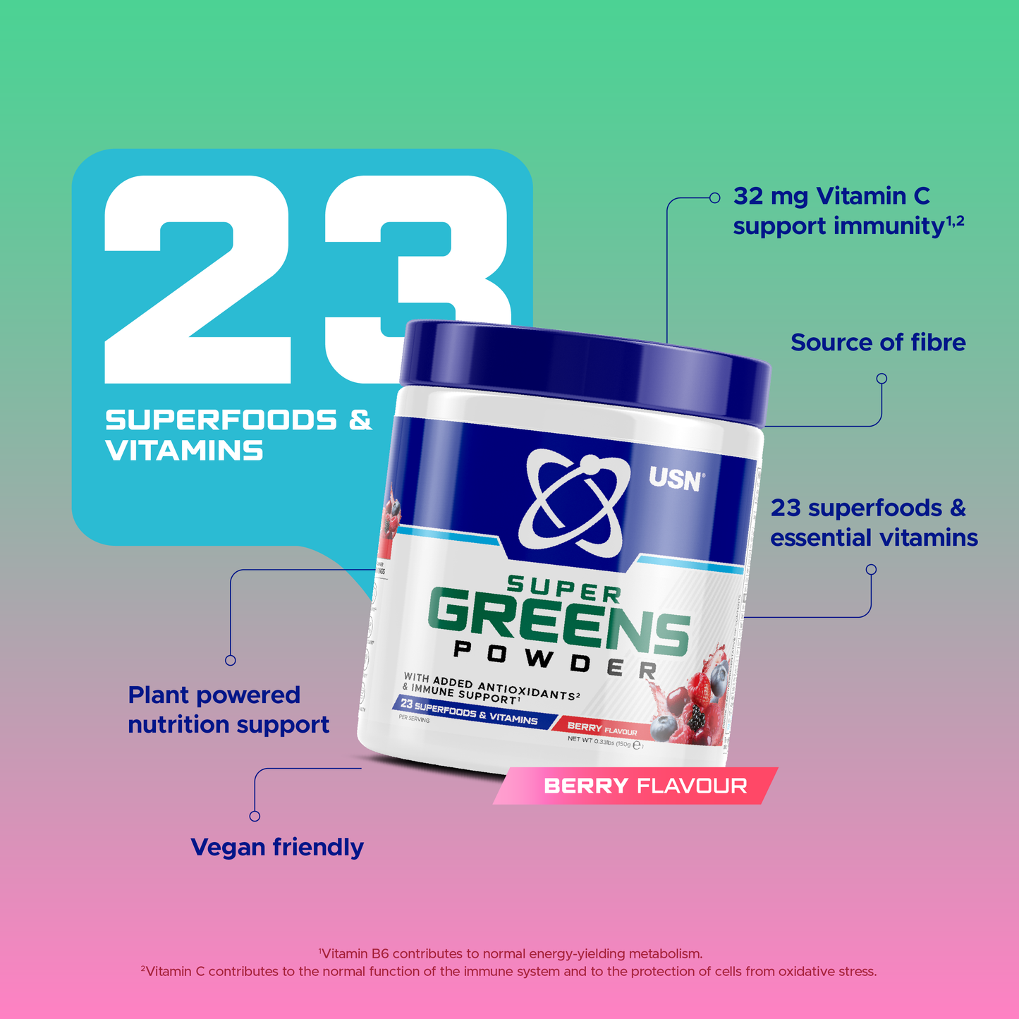 USN Super Greens Powder - Berry Flavour (30 Servings)